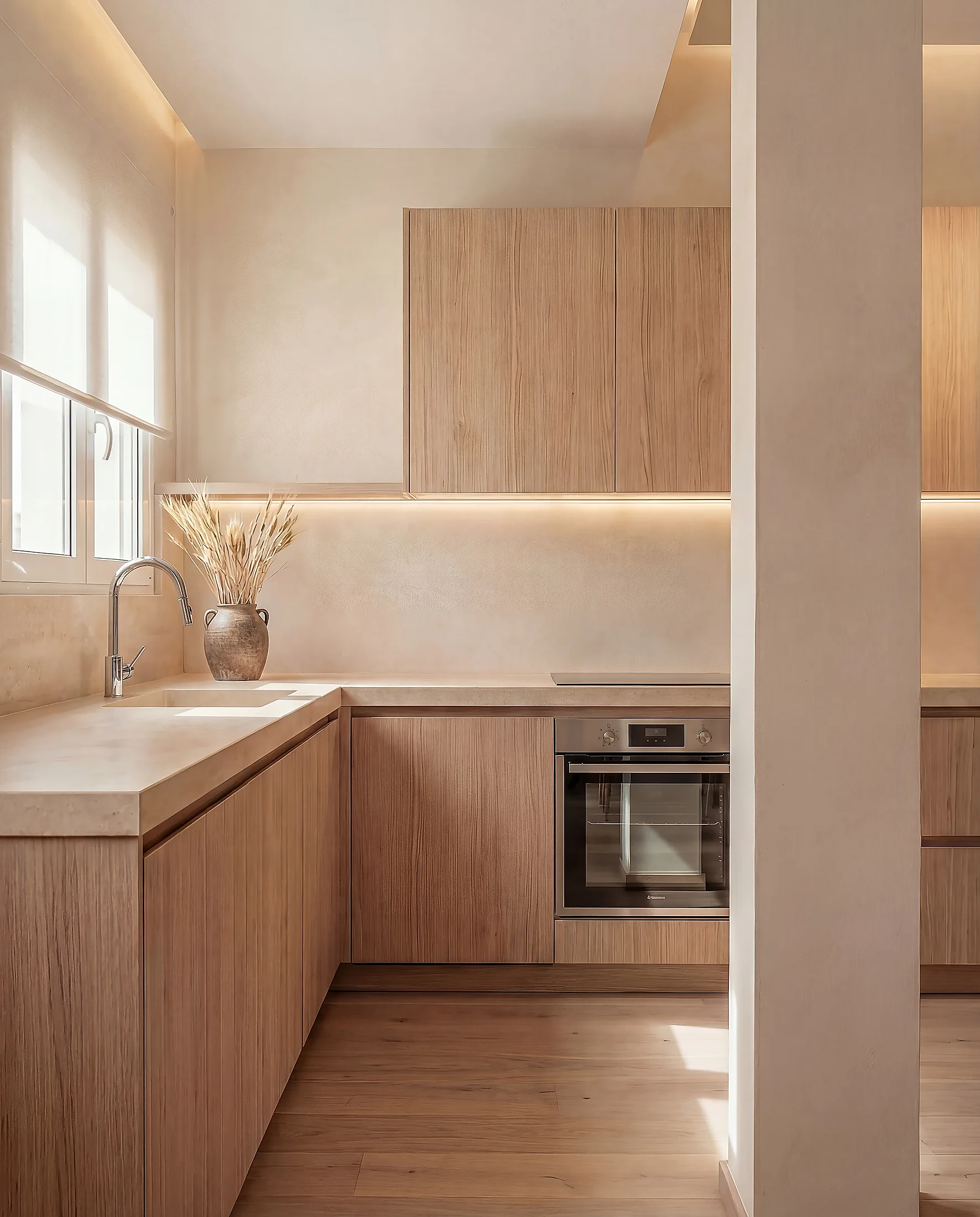 Modern kitchen renovation in Valencia. Light oak cabinets and custom storage by Puntoreforma